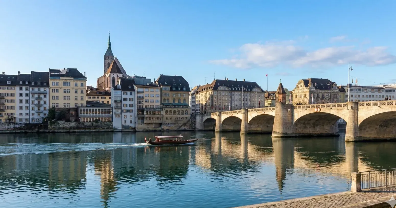 Basel skyline with Mittlere Brücke over the Rhine and Basel Münster — StarkRank Switzerland headquarters