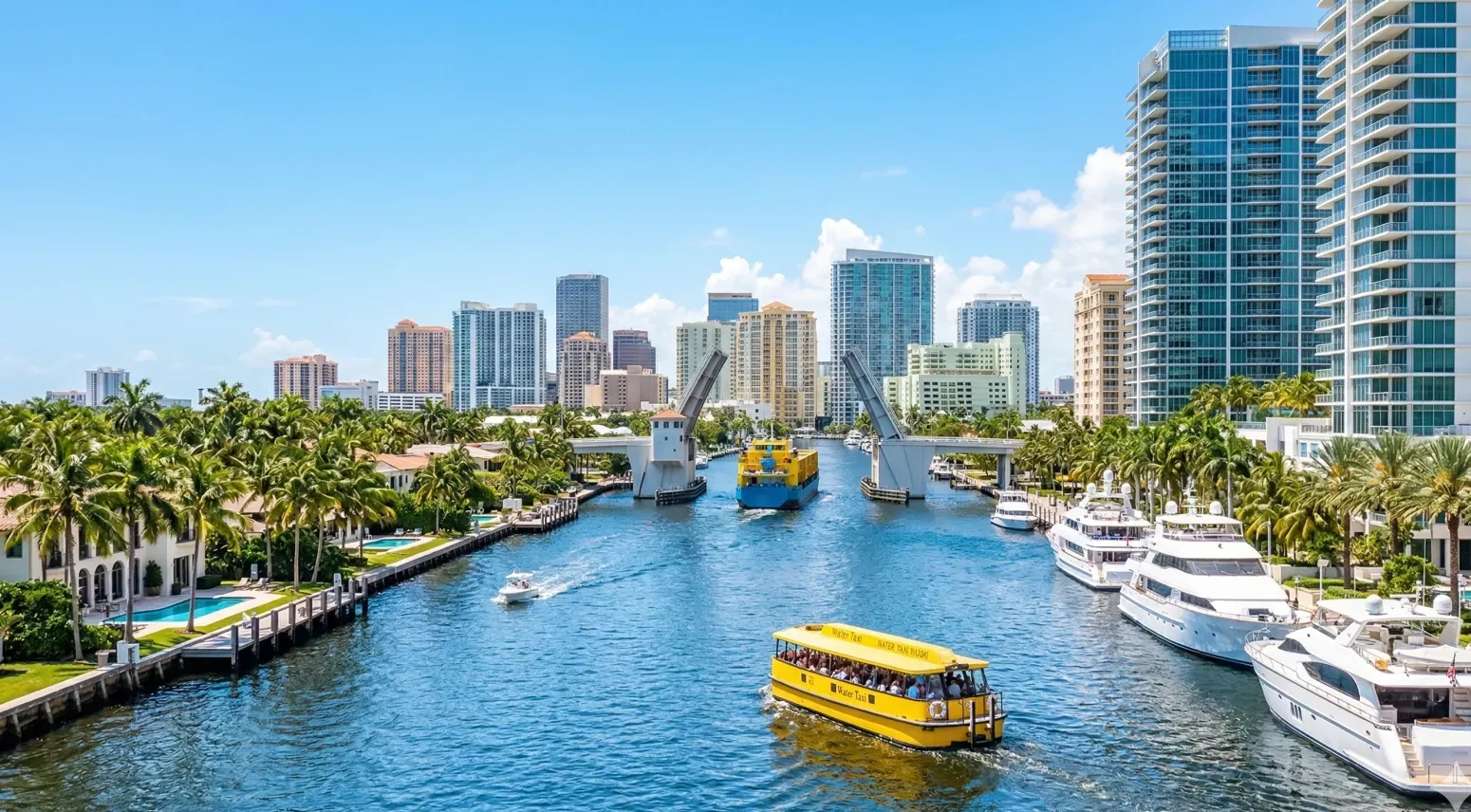 Fort Lauderdale Intracoastal Waterway with water taxi, drawbridge, and downtown skyline — StarkRank SEO services in South Florida