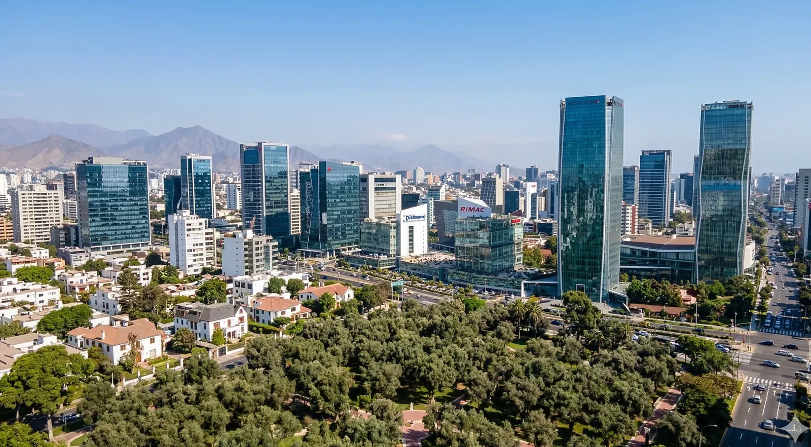 Aerial view of San Isidro business district in Lima with Andes mountains — StarkRank digital growth services in Peru