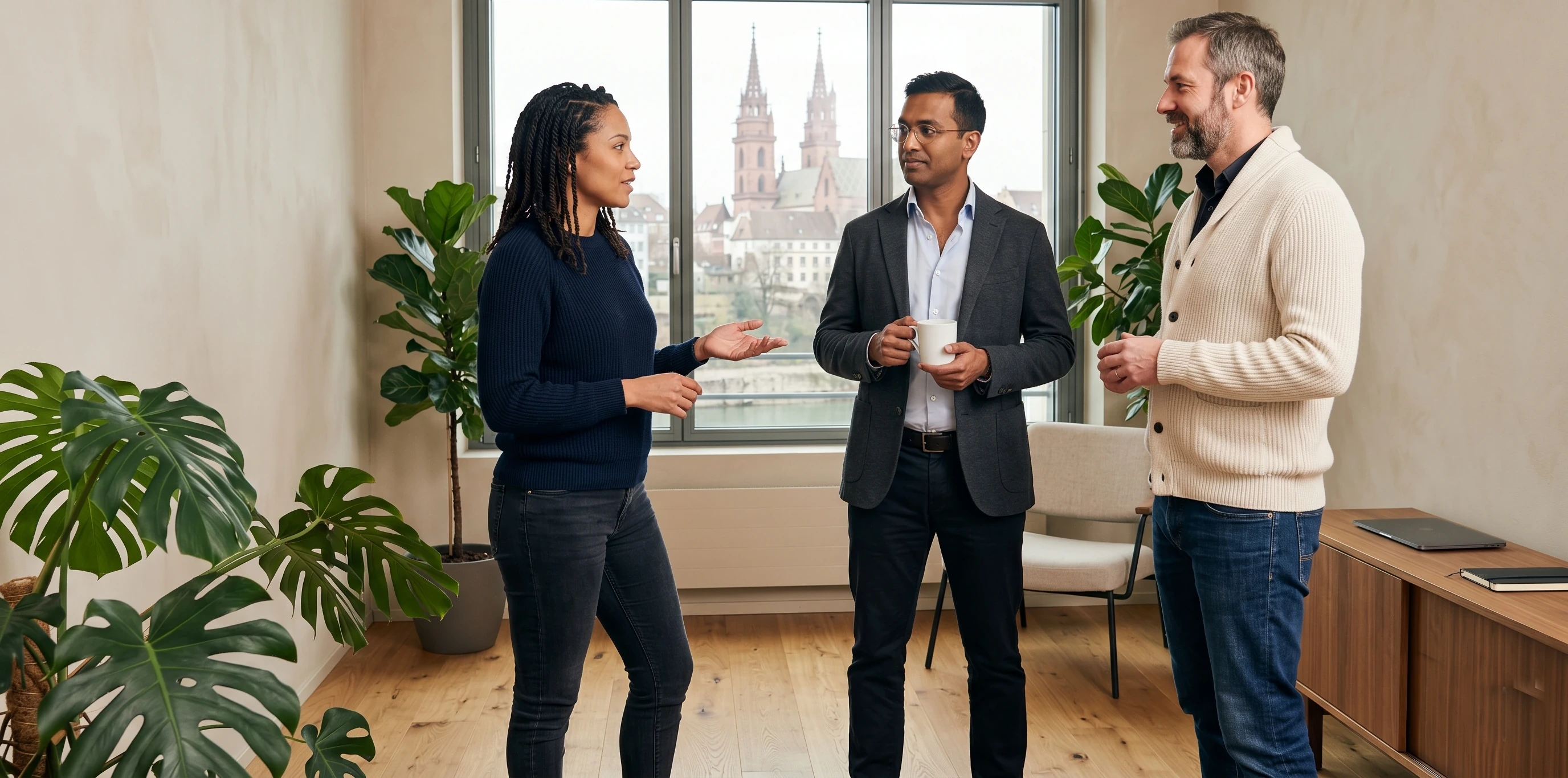 StarkRank-Team im Erstgespräch — drei Berater im offenen Austausch mit Kaffee.